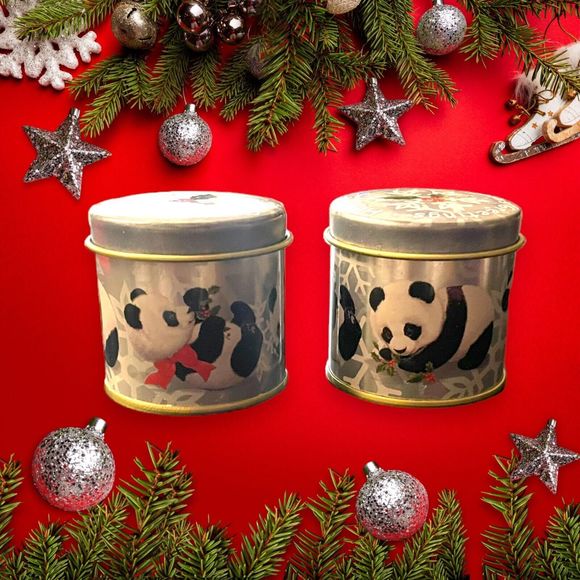 RARE Giftco PANDA Mini Wick ‘n Tin CHRISTMAS Candles ~ Set of 2 ~ NEW in Box - Picture 1 of 10